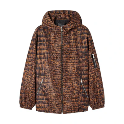 Versace Brown Hooded Windbreaker Jacket with Logo Leather Patches 10126611A08997-5N060