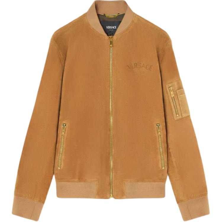 Versace Brown Logo Print Loose Fit Zip-Up Jacket with Stand Collar 1013867-1A11415-1KF70