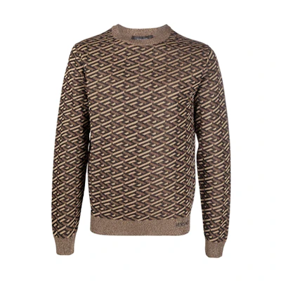 VERSACE Brown Patterned Loose-Fit Crewneck Long-Sleeve Sweater. 10024031-A015245-B090