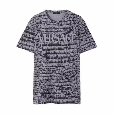 VERSACE Coccodrillo Logo Crewneck Graphic T-Shirt Grey Mens Short Sleeve 1013110-1A09030-2ED10
