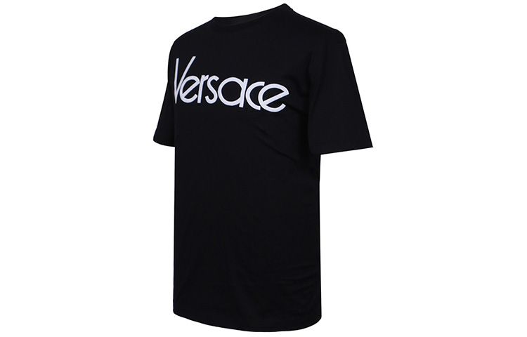 Shop VERSACE Embroidered Logo Black Crewneck T-Shirt for Men A79331-A201952-A99C