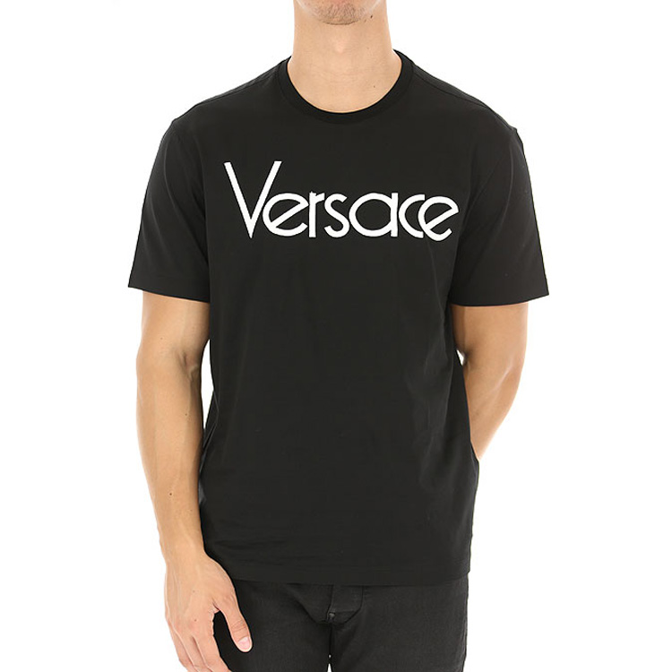 Purchase VERSACE Embroidered Logo Black Crewneck T-Shirt for Men A79331-A201952-A99C