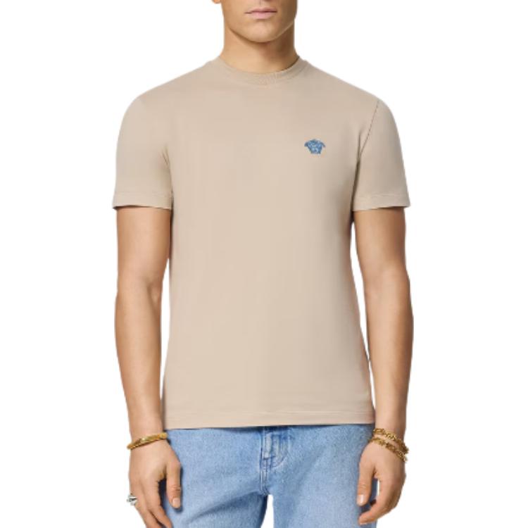 Shop Versace 刺繡 logo 寬鬆版型圓領 T 恤 米色 1008481-1A08489-1KF90