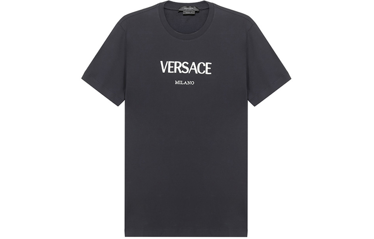 VERSACE Embroidered Logo Slim Fit Crew Neck Navy Blue T-Shirt. A89019-A228806-A1382