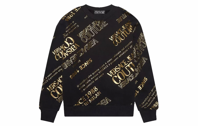 Versace FW21 Gold Logo Print Pullover Sweatshirt Unisex Black 71GAIT14-CF00T-G89