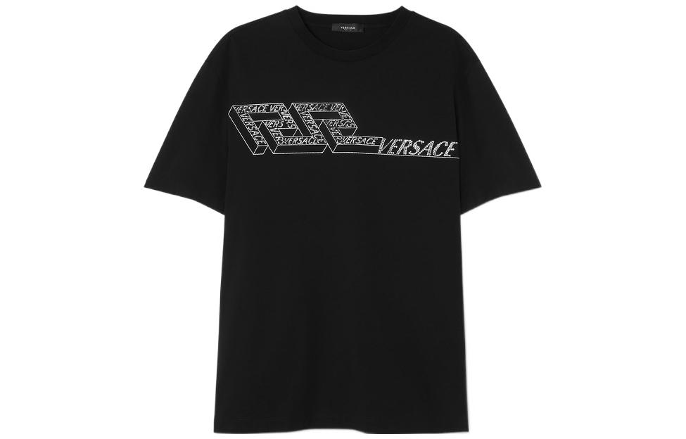 VERSACE FW22  Black Crew Neck Short Sleeve Tee with Letter Print Design 1006447-1A04416-1B000