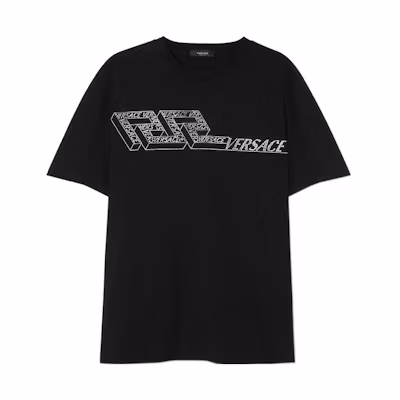 VERSACE FW22 Black Crew Neck Short Sleeve Tee with Letter Print Design 1006447-1A04416-1B000