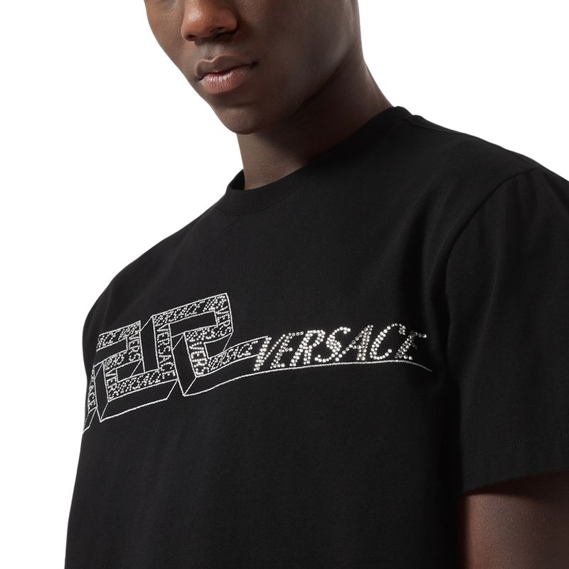 Details for VERSACE FW22 黑色圓領短袖T恤 字母印花設計 1006447-1A04416-1B000