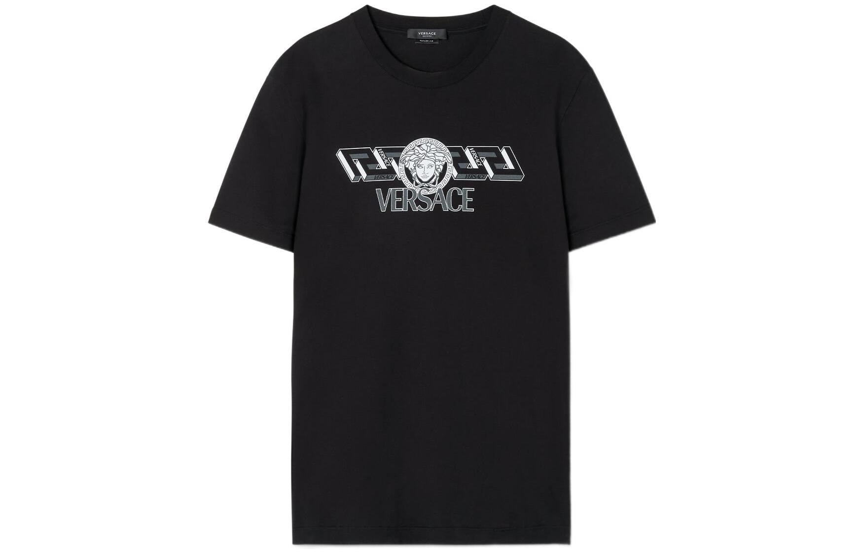 VERSACE FW22  Black Crewneck T-Shirt with Logo Letter Print 1008461-1A06051-1B000