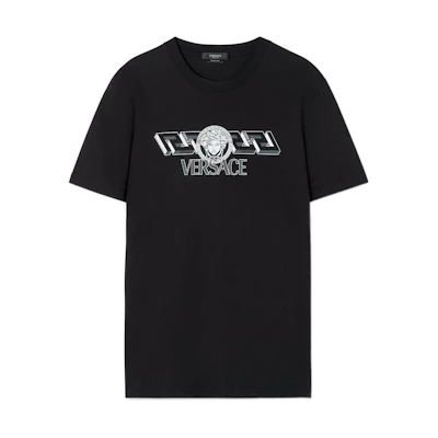 VERSACE FW22 Black Crewneck T-Shirt with Logo Letter Print 1008461-1A06051-1B000