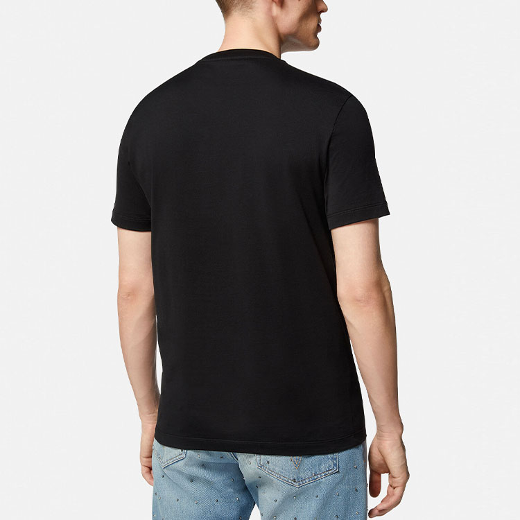 Shop VERSACE FW22  Black Crewneck T-Shirt with Logo Letter Print 1008461-1A06051-1B000