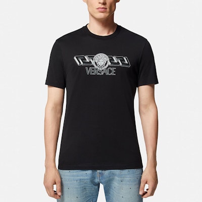 VERSACE FW22 Black Crewneck T-Shirt with Logo Letter Print 1008461-1A06051-1B000 Purchase VERSACE FW22 Black Crewneck T-Shirt with Logo Letter Print 1008461-1A06051-1B000