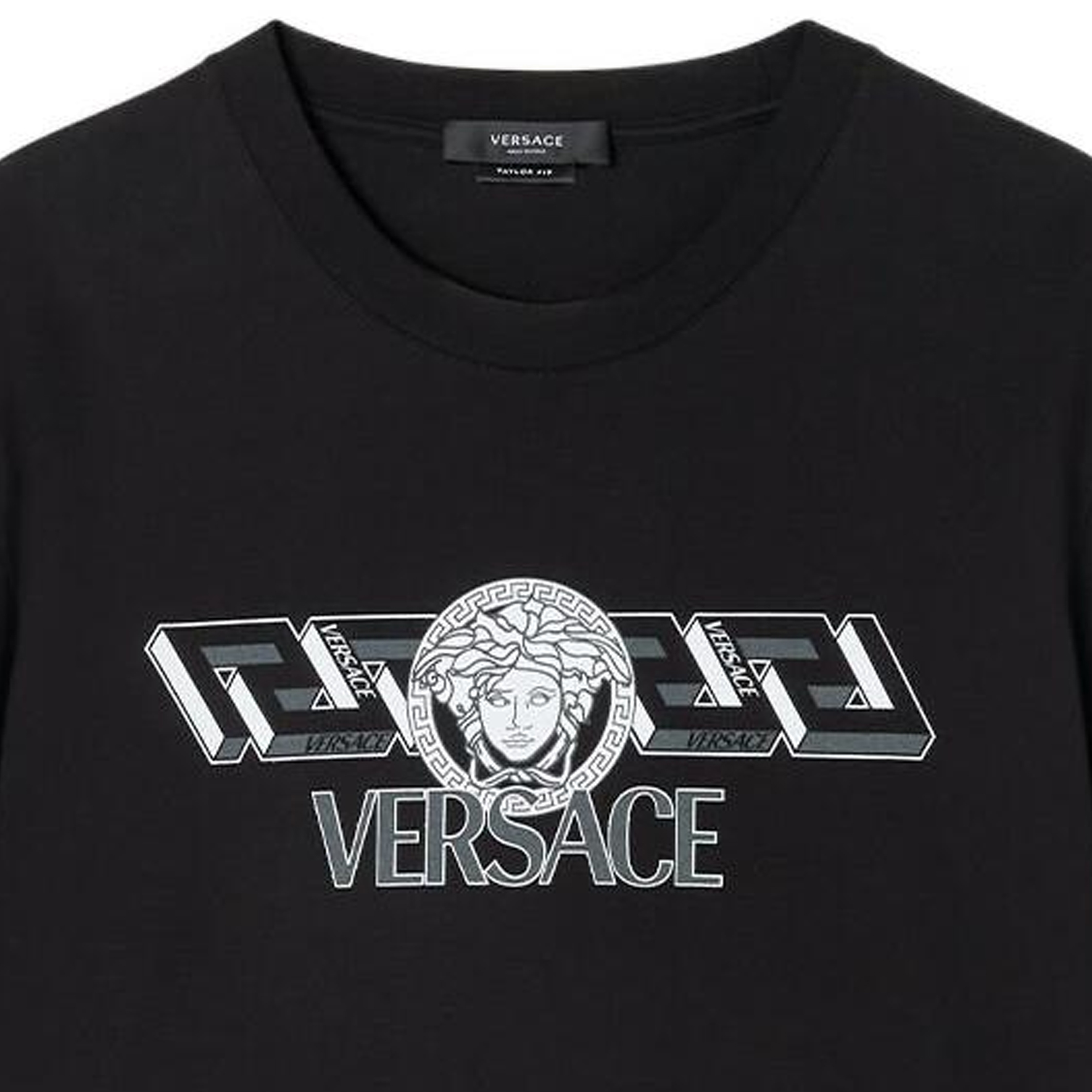 Details for VERSACE FW22  Black Crewneck T-Shirt with Logo Letter Print 1008461-1A06051-1B000