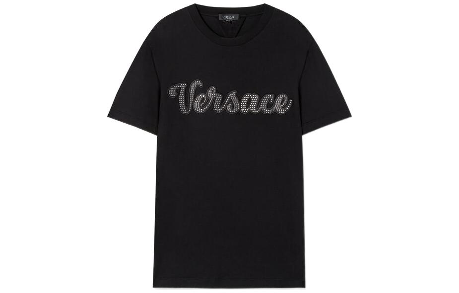 VERSACE FW22  Black Crystal Letter Print Crew Neck T-Shirt. 1008464-1A06054-1B000