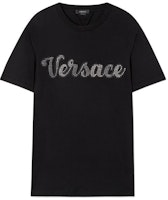 VERSACE FW22 Black Crystal Letter Print Crew Neck T-Shirt. 1008464-1A06054-1B000 VERSACE FW22 Black Crystal Letter Print Crew Neck T-Shirt. 1008464-1A06054-1B000