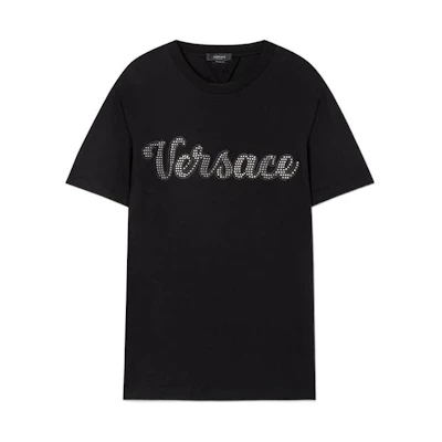 VERSACE FW22 Black Crystal Letter Print Crew Neck T-Shirt. 1008464-1A06054-1B000