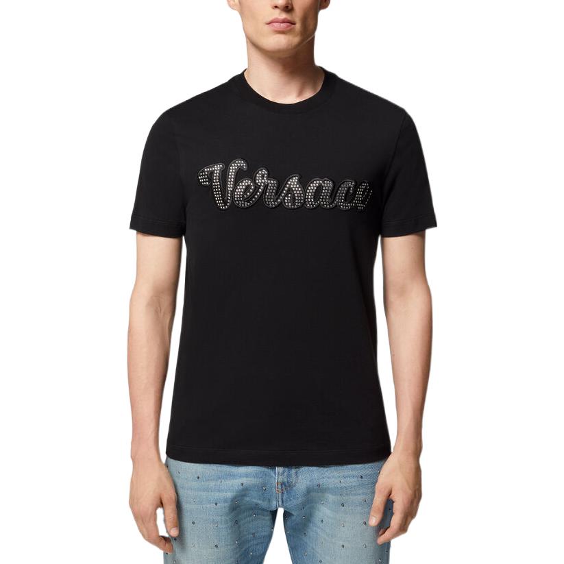 Purchase VERSACE FW22  Black Crystal Letter Print Crew Neck T-Shirt. 1008464-1A06054-1B000