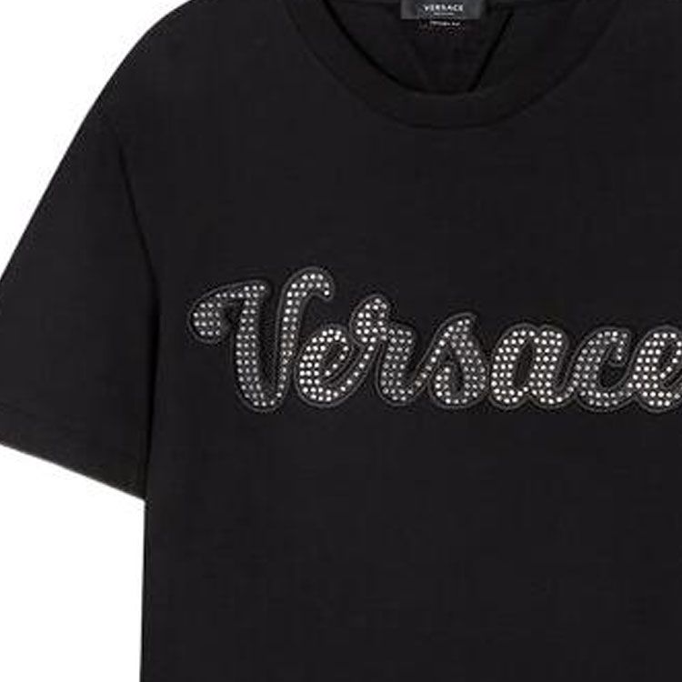 Details for VERSACE FW22  Black Crystal Letter Print Crew Neck T-Shirt. 1008464-1A06054-1B000