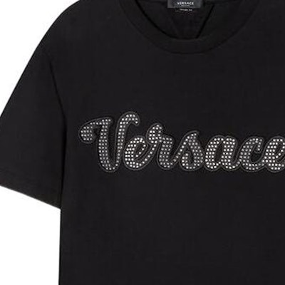 VERSACE FW22 Black Crystal Letter Print Crew Neck T-Shirt. 1008464-1A06054-1B000 Details for VERSACE FW22 Black Crystal Letter Print Crew Neck T-Shirt. 1008464-1A06054-1B000