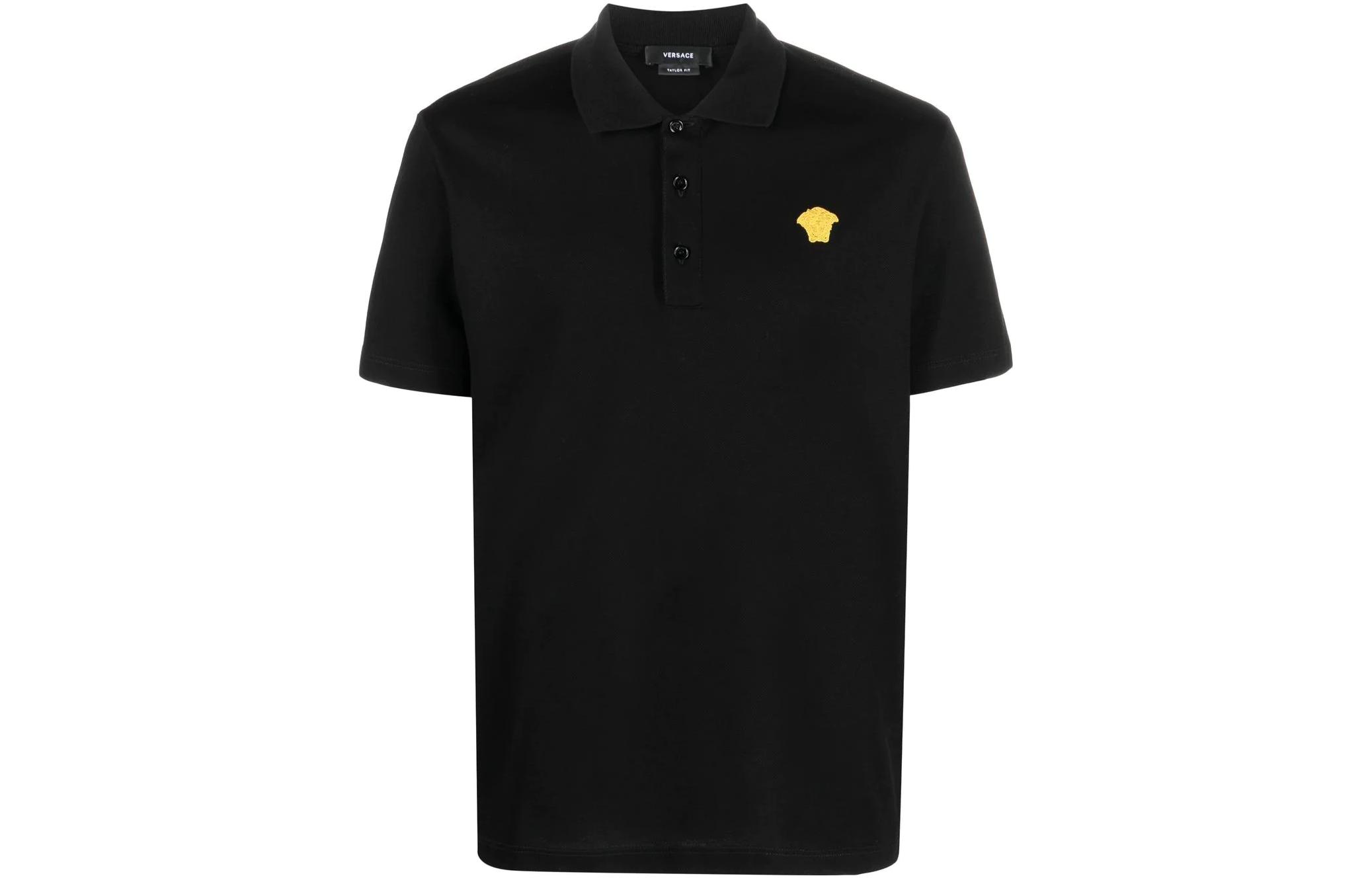 VERSACE FW22  Black Embroidered Casual Short Sleeve Polo Shirt. 1008492-1A06071-1B000