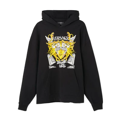 VERSACE FW22 Black Hoodie with Logo Graphic Print 1006481-1A04494-2B510