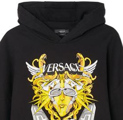 VERSACE FW22 Black Hoodie with Logo Graphic Print 1006481-1A04494-2B510 Details for VERSACE FW22 Black Hoodie with Logo Graphic Print 1006481-1A04494-2B510