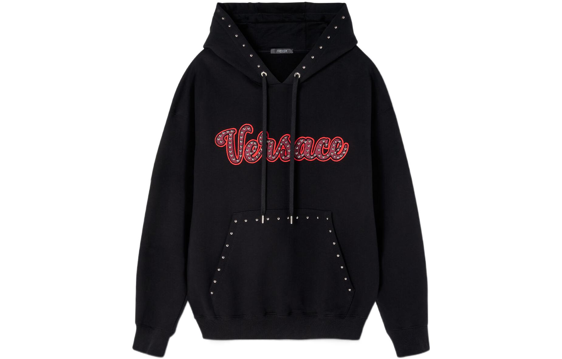 VERSACE FW22  Black Hoodie with Studded Lettering Design. 1008064-1A05750-1B000