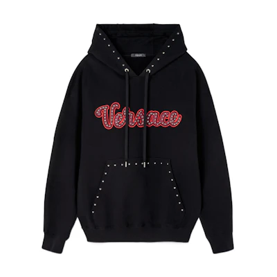VERSACE FW22 Black Hoodie with Studded Lettering Design. 1008064-1A05750-1B000