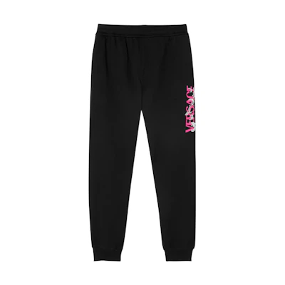 VERSACE FW22 Black Knit Joggers with Letter Print and Mid-Rise Fit. 1006500-1A04510-1B000