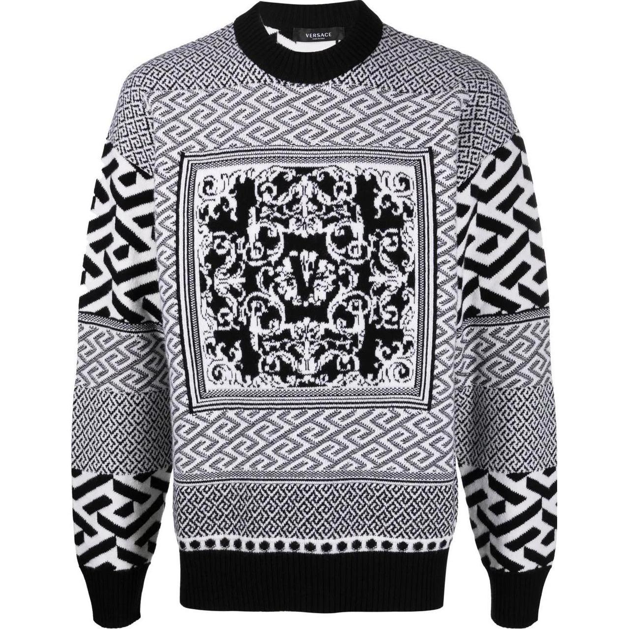 VERSACE FW22  Black Logo Jacquard Knit Wool Pullover Sweater. A87713-1A04249-2B020