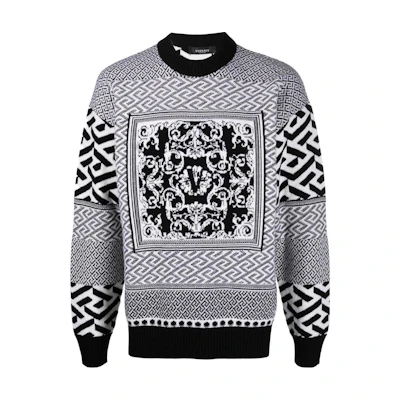 VERSACE FW22 Black Logo Jacquard Knit Wool Pullover Sweater. A87713-1A04249-2B020