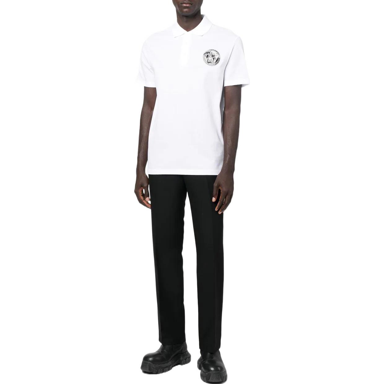 Shop VERSACE FW22  Black Logo Patch Short Sleeve Polo Shirt. 1006930-1A04917-1W000