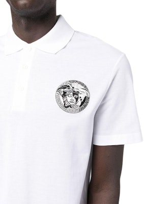 VERSACE FW22 Black Logo Patch Short Sleeve Polo Shirt. 1006930-1A04917-1W000 Details for VERSACE FW22 Black Logo Patch Short Sleeve Polo Shirt. 1006930-1A04917-1W000