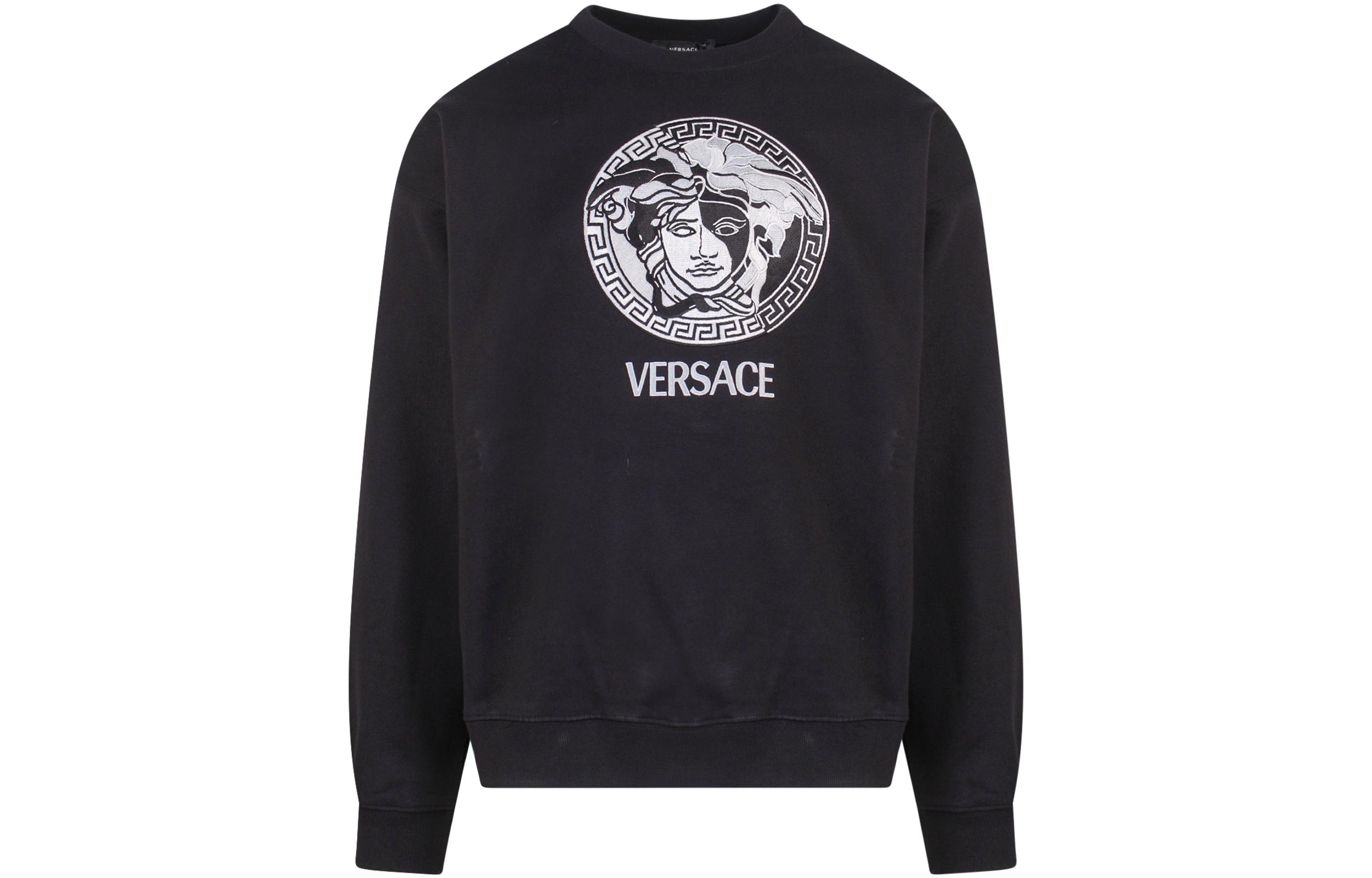 VERSACE FW22  Black Logo Print Crewneck Pullover Sweatshirt. 1006985-1A04970-1B000