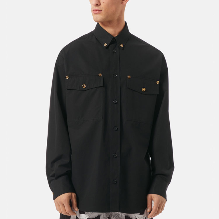 Shop VERSACE FW22 Baju Hitam Lengan Panjang Berkancing Single 1006062-1A01816-1B000