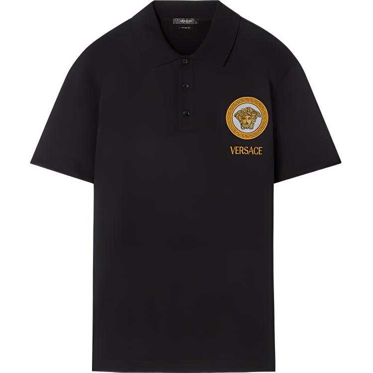 VERSACE FW22  Black Polo Shirt with Embroidered Lettering 1008503-1A06081-1B000