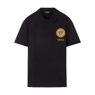 VERSACE FW22 Black Polo Shirt with Embroidered Lettering 1008503-1A06081-1B000
