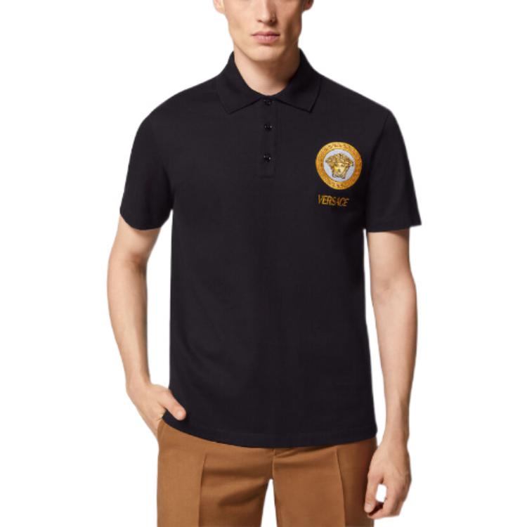 Shop VERSACE FW22  Black Polo Shirt with Embroidered Lettering 1008503-1A06081-1B000