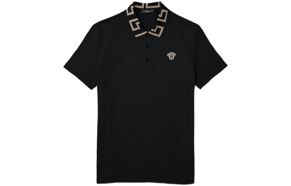 VERSACE FW22  Black Polo Shirt with Logo Embroidery Design. A87402-1A06199-1B000