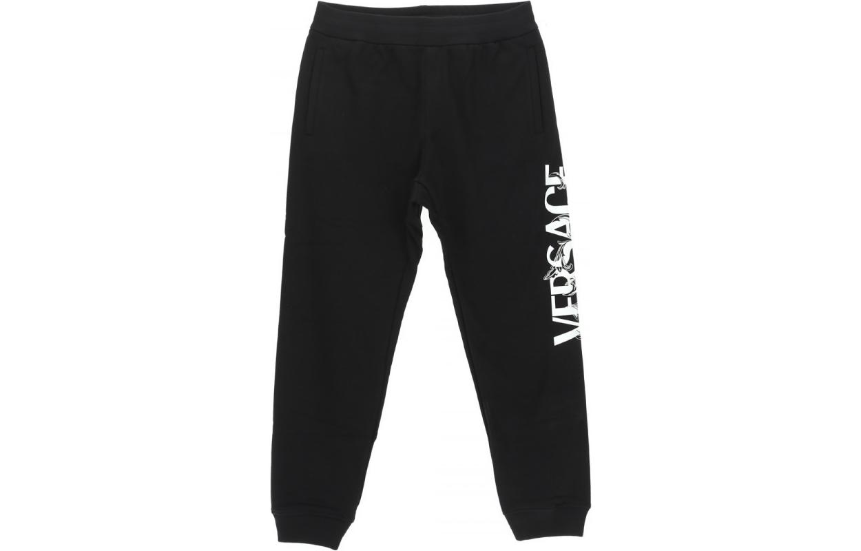Shop VERSACE FW22  Black Relaxed Fit Pants with Solid Logo Print 1006981-1A04955-1B000