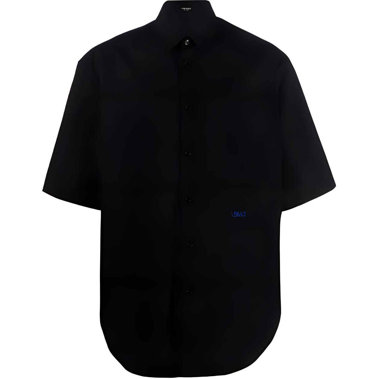 VERSACE FW22  Black Short-Sleeve Shirt with Solid Color Logo Embroidery. 1006366-1A04341-1B000