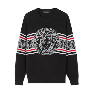 VERSACE FW22 Black Striped Jacquard Pullover Knit Sweater 1007981-1A05695-1B000