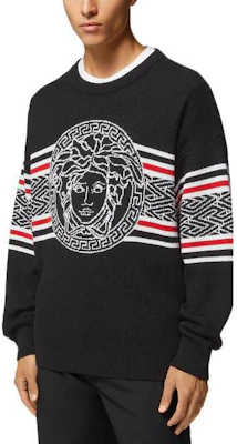 ヴェルサーチ FW22 ブラック ストライプ ジャカード プルオーバー ニット セーター 1007981-1A05695-1B000 Purchase ヴェルサーチ FW22 ブラック ストライプ ジャカード プルオーバー ニット セーター 1007981-1A05695-1B000