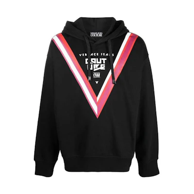 VERSACE FW22 Black Striped Logo Pullover Hoodie with Drawstring Long Sleeves 73GAIP10-CF00P-899