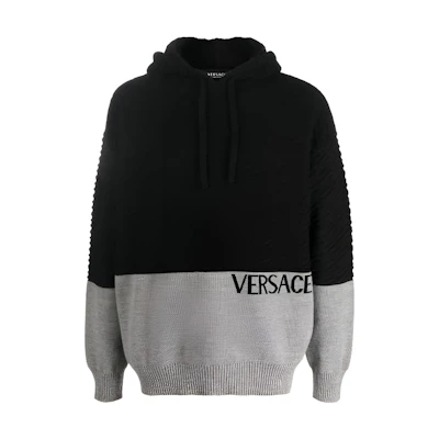 VERSACE FW22 Colorblock Logo Embroidered Knit Hoodie. 1005941-1A04073-2B050