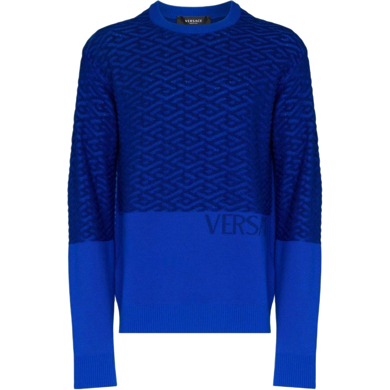 VERSACE FW22  Geometric Knit Wool Sweater Blue 1005942-1A04073-1UC30