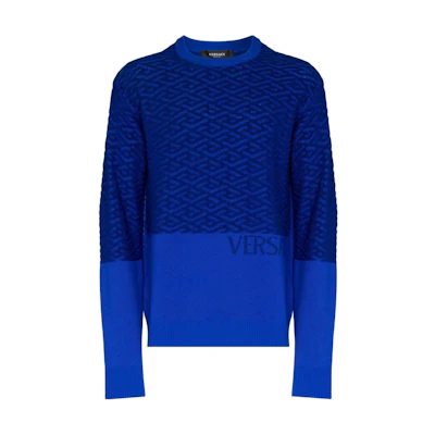 VERSACE FW22 Geometric Knit Wool Sweater Blue 1005942-1A04073-1UC30