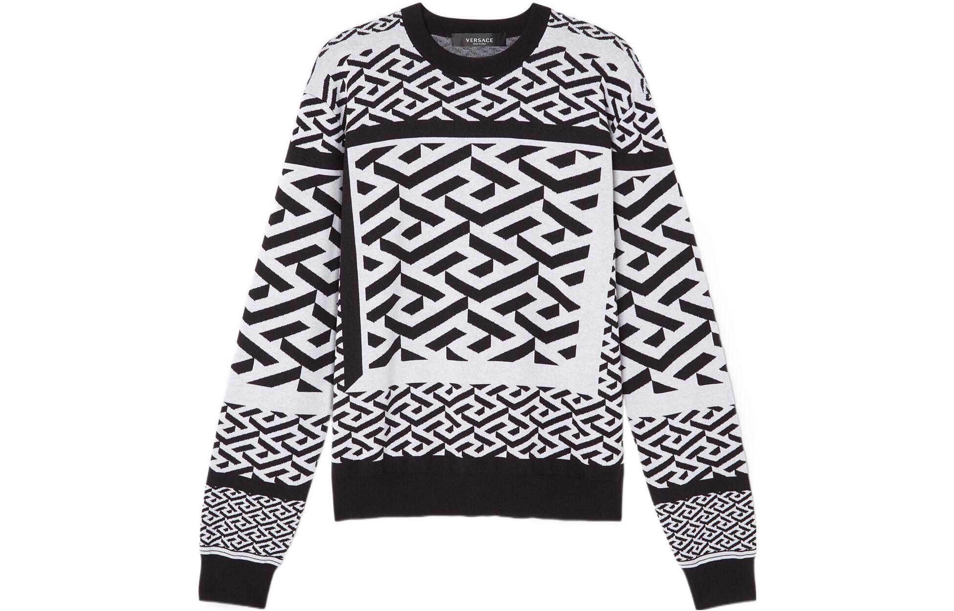 VERSACE FW22  Geometric Print Wool Pullover Sweater Black White 1006281-1A04271-2B020