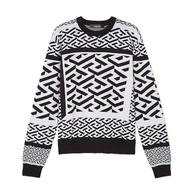 VERSACE FW22 Geometric Print Wool Pullover Sweater Black White 1006281-1A04271-2B020