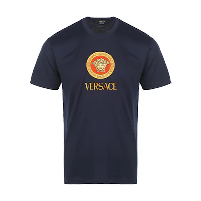 VERSACE FW22 Navy Blue Logo Embroidery Crew Neck T-Shirt. 1008469-1A06059-1UE40